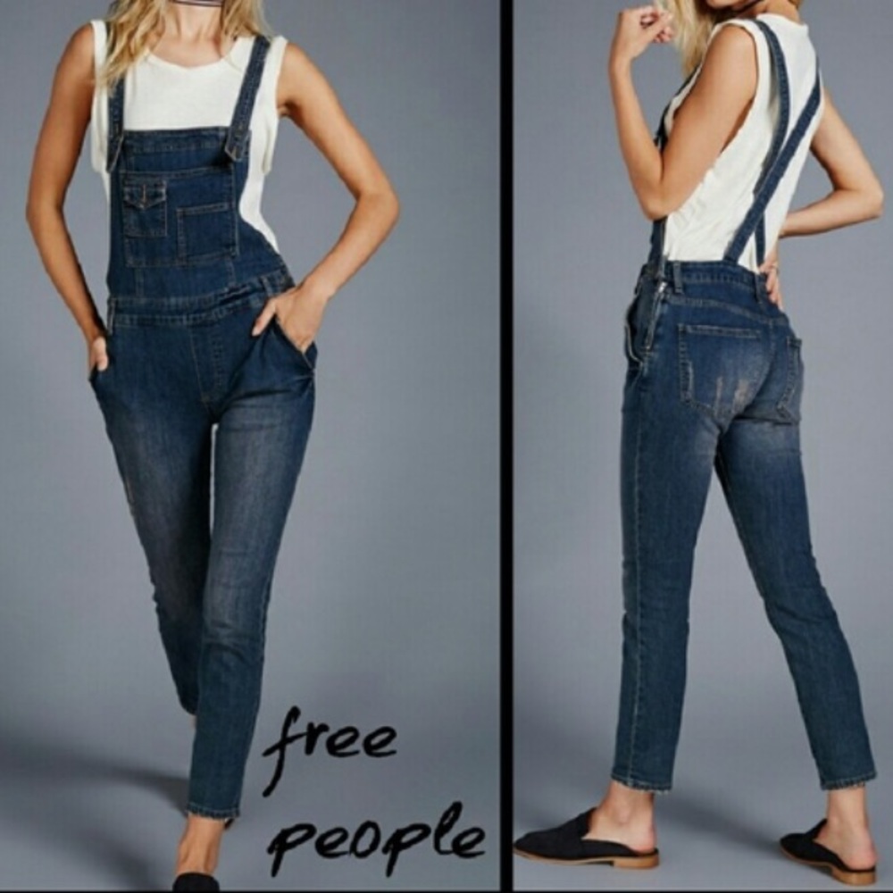 Free People Dark Wash Slim Fit Bib Overalls